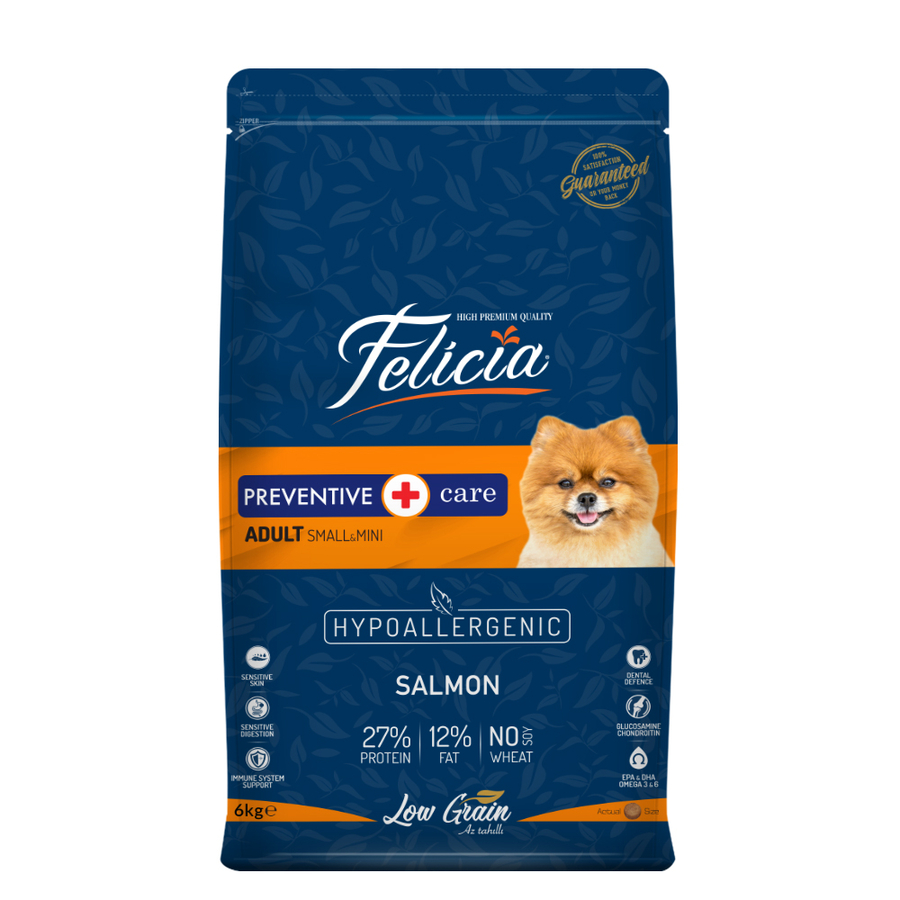 Felicia 6 Kg (2x3 Kg) Kolajenli Somonlu Az Tahıllı Small/Mini Yetişkin Köpek Maması /Mini HypoAllergenic Köpek Maması